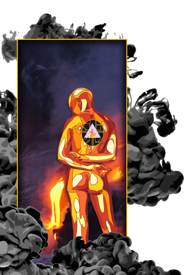 Of Ash and fire artistic rendition of a woman and lava, with our logo